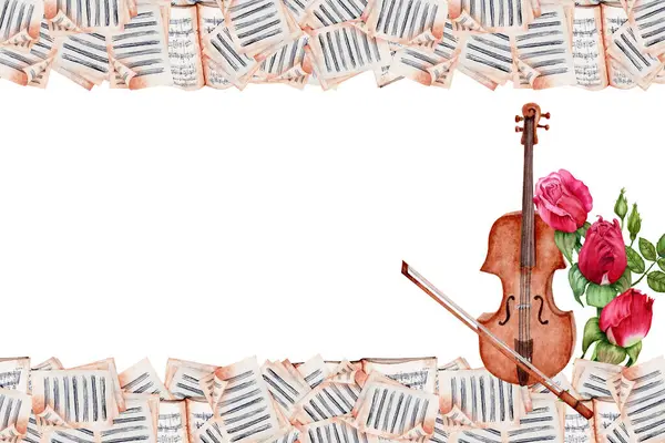 Klasik Müzik tebrik kartı tasarımı. Kırmızı Güller ile süslenmiş Fiyonk ve Çarşaf Müzik Sayfaları ile keman. Suluboya çizimi beyaz arkaplanda izole edildi. Kartlar, sertifikalar, el ilanları için