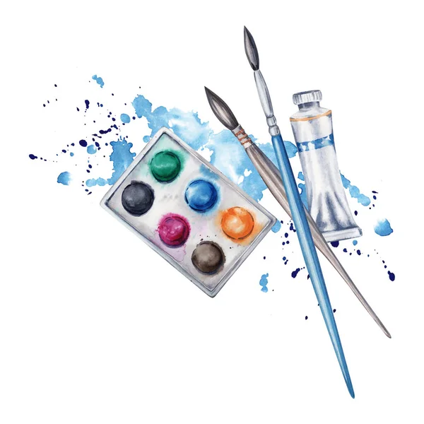 Flat lay composition with paint set, brushes, paint tube and blue watercolor splatter. Watercolor illustration isolated on white background. Border design for art classes, stores, flyers, lessons