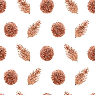 Kusursuz desenli, gerçekçi el yapımı kozalaklı. Suluboya çizimi beyaz arkaplanda izole edildi. Kış tasarımı Orman tekstil, kumaş, duvar kağıdı ve ambalaj kağıdı için tekrarlanabilir arkaplan