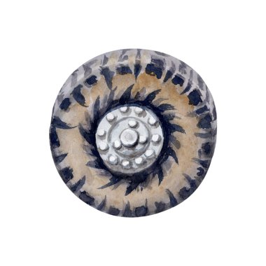 Arazi ya da çamur lastiği. Araba tekerleği. 4x4 kamyon parçası. Araba tamiri, araba parçaları, servis, tur, off-road, kamp tasarımları için el çizimi öğesi. Suluboya çizimi beyaz arkaplanda izole edildi