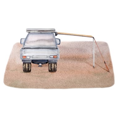 Kamp kompozisyonu off road arabasının dikiz manzaralı tente ve kumlu arka planda çatı üstü çadır rafı. Turist, seyahat baskısı, kart, el ilanları için. Suluboya çizimi beyaz arkaplanda izole edildi