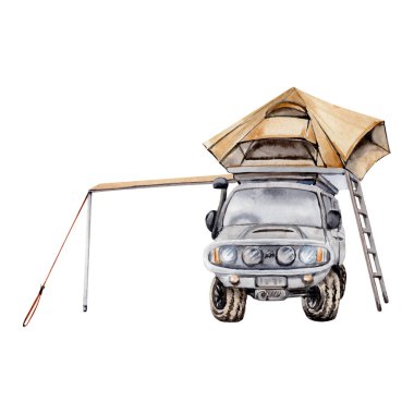Kamp bileşimi 4x4 off road car, tente ve merdivenli çatı üstü çadırı. Turist ya da seyahat baskıları, kartlar, el ilanları, tasarımlar için. Suluboya çizimi beyaz arkaplanda izole edildi.