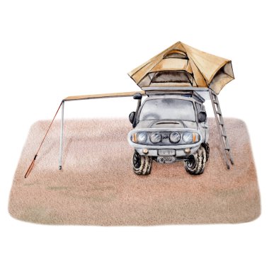 4x4 off road car, tente ve çöl kumunda çatı üstü çadırlı kompozisyon sanatı. Turist ya da seyahat baskıları, kartlar, el ilanları, tasarımlar için. Suluboya çizimi beyaz arkaplanda izole edildi