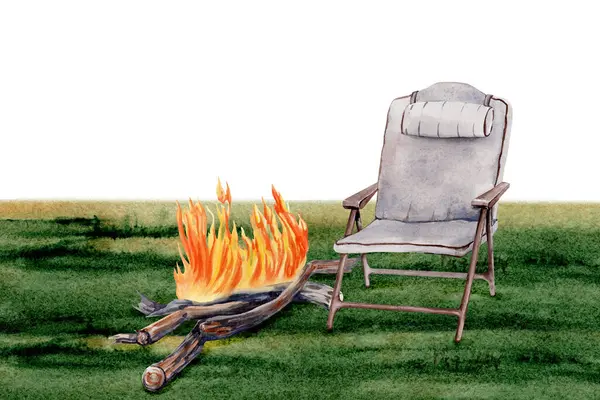 Kamp kompozisyonu. Çimlerin üzerinde kamp ateşi olan katlanır sandalye. Turizm, seyahat baskıları, el ilanları için. El yapımı kart tasarımı. Uzayı metin için kopyala. Suluboya çizimi beyaz arkaplanda izole edildi