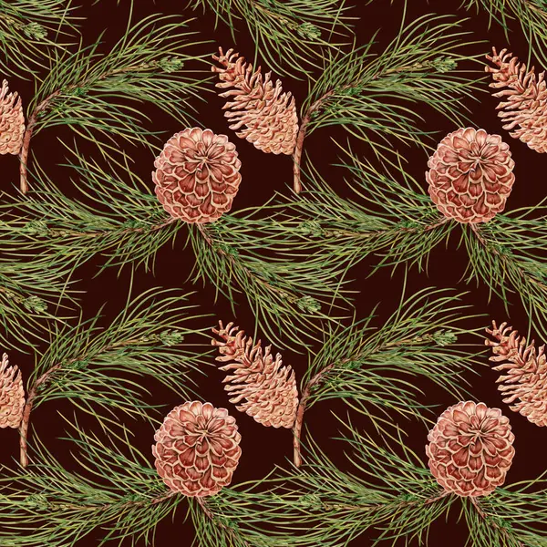 Çam ağacının dallarına el çizimi kozalaklı kusursuz desen. Suluboya çizimi koyu arkaplanda izole edilmiş. Tekstil, kumaş, duvar kağıdı ve ambalaj kağıdı için Noel yinelenebilir arka planı