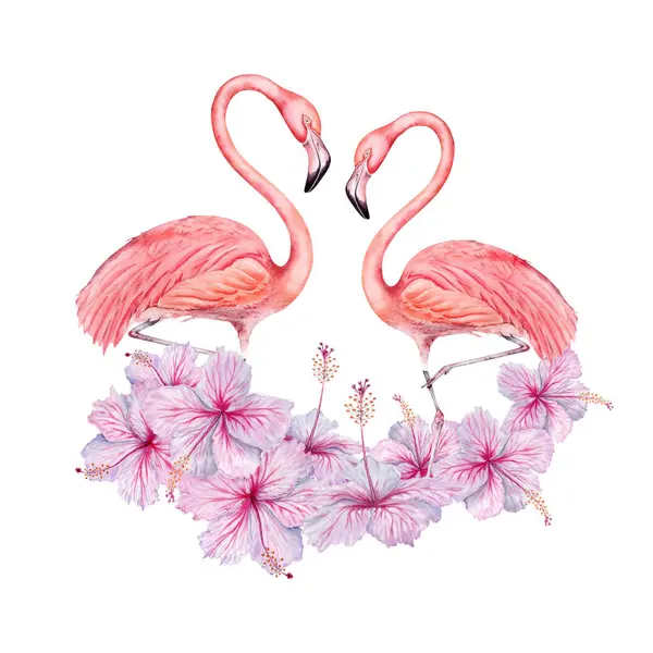 Two flamingo birds with hibiscus flowers watercolor composition. Hand drawn illustration isolated on white background. For tropical cards, party invitations, logos, stickers. Floral and animal prints