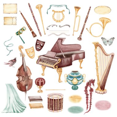 Klasik müzik aletleri suluboya illüstrasyon seti. Klasik piyano, arp, davul, bas, flüt, klarnet, trompet, trompet, lir müzikal tiyatro, opera ve bale programları, posterler ve el ilanları için.