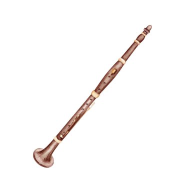 Klasik klarnet müzik aleti. El yapımı eski ahşap kamış. Ders kitapları, oda konseri posterleri ya da notalar için tasarım öğesi. Suluboya çizimi beyaz arkaplanda izole edildi