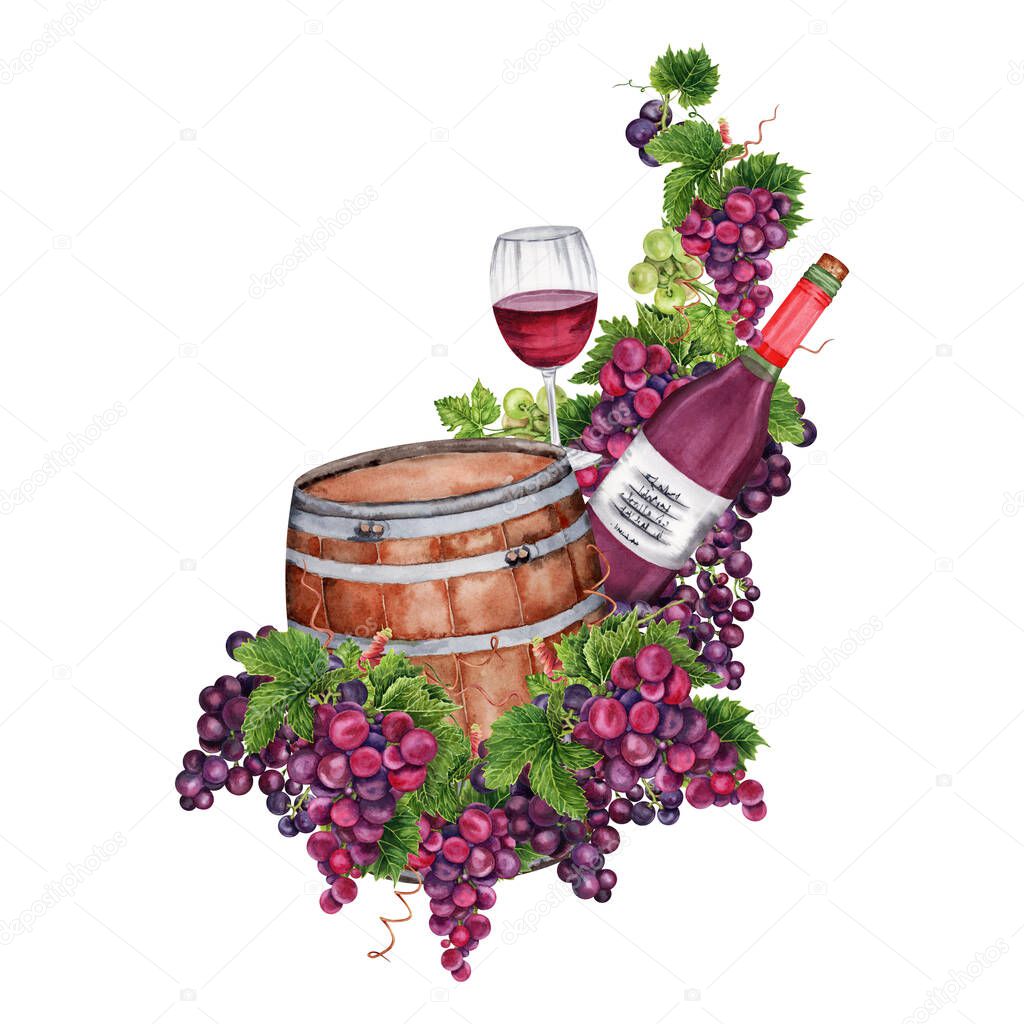 Red wine glass with bottle and wooden barrel. Design element with bunches of grapes for wine tasting invites, winery cards  and menus. Hand drawn watercolor illustration isolated on white background