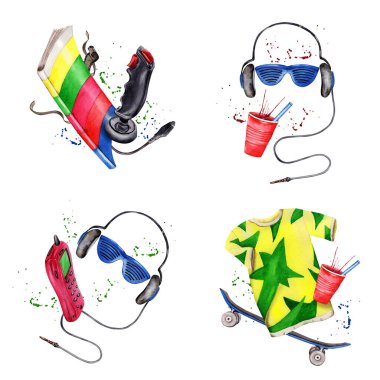 Antika elektronik, walkman, joystick, tişört ve kaykaylı kompozisyon seti. Suluboya çizimi beyaz arkaplanda izole edildi. Tişört baskıları, çıkartmalar ve kartlar için 80 'lerin temalı tasarımı