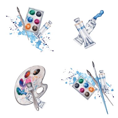 Ressam paleti, fırça, boya tüpleri ve mavi boya serpiştirme ile düz kompozisyonlar. Suluboya çizimi beyaz arkaplanda izole edildi. Sanat dersleri, logolar, el ilanları veya dersler için tasarım seti