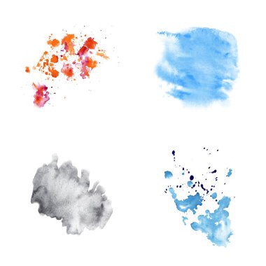 Renkli boya lekeleri ve sıçrama seti. Soyut canlı renk sıçramaları. Beyaz arka planda elle çizilmiş suluboya çizimi. Sanatsal modern tasarımlar ve yaratıcı projeler için.. 