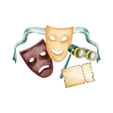 Theatrical comedy and tragedy emotion masks with binoculars and copy space ticket. Watercolor illustration isolated on white background. Vintage musical program logo, play poster or flyer design  clipart