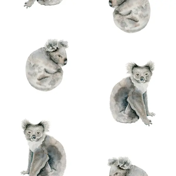 Şirin koala ayılarının kusursuz deseni. Endemik Avustralyalı hayvan uçsuz bucaksız duvar kağıdı. Beyaz arka planda elle çizilmiş suluboya çizimi. Çocuk giysileri ya da oda dekorasyonu için mükemmel.