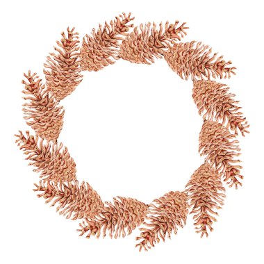 Detaylı çam kozalaklarından yapılmış Noel çelengi. Beyaz arka planda elle çizilmiş suluboya çizimi. Tatil dekoru veya mevsimsel tasarımlar için doğal kozalaklı daire düzenini kopyala