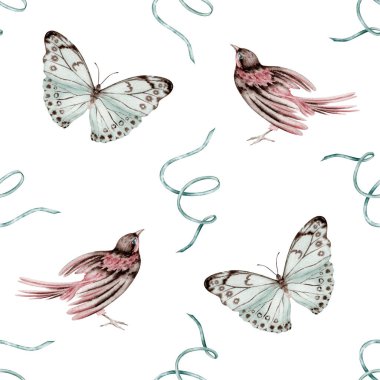 Küçük kuşlu, kelebekli ve ipek kurdeleli kusursuz bir desen. Beyaz arka planda elle çizilmiş suluboya çizimi. Yaz tekstil ürünleri, yatak örtüleri, ambalaj kağıtları, duvar kağıtları için.