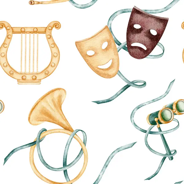 Tiyatro komedisi ve trajedi maskeleri, opera dürbünü, Yunan arpı ve klasik korna enstrümanlı kusursuz desen. Beyaz arkaplanda izole edilmiş klasik el çizimi suluboya çizimi