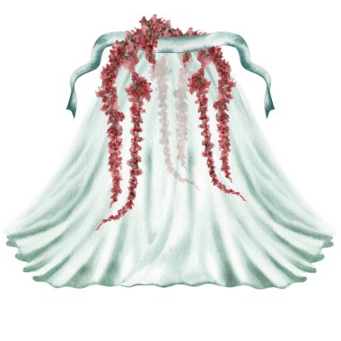 Perde arkası. Çiçek çelenkli dekoratif mavi perdeler. El çizimi suluboya çizimi arkaplandan izole edilmiş. Fotoğraf stüdyosu ve tasarım için klasik çerçeve dekoru