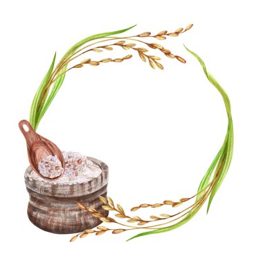 Geleneksel bir çelenk ve tahta kaşık karışımı. Tahıl ve yapraklı doğal beyaz pirinç sapları. El çizimi suluboya çizimi arkaplandan izole edilmiş. Boşluk tasarımını kopyala