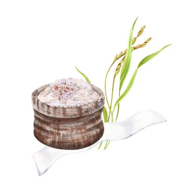 Beyaz pirinç tanecikleri ve bitki saplarıyla geleneksel Hess torbası. El çizimi suluboya çizimi arkaplandan izole edilmiş. Çiftlik ürünleri veya ürün ambalajları için klip sanatı. Organik gıda tasarımı