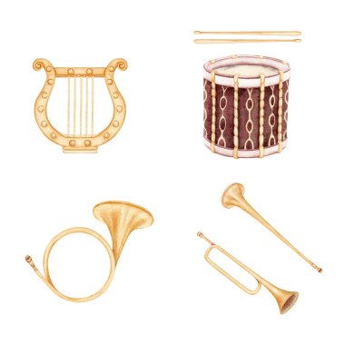 Trompet ve Horn pirinçten müzik aletleri ayarlandı. Davul ve Yunan Liri ile klasik müzik koleksiyonu. El çizimi suluboya çizimi arkaplandan izole edilmiş. Senfoni orkestrası rüzgar bölümü