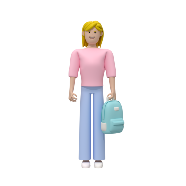 Beyaz arka planda sırt çantası olan bir kadın karakter. Çantalı kadın okul karakteri.