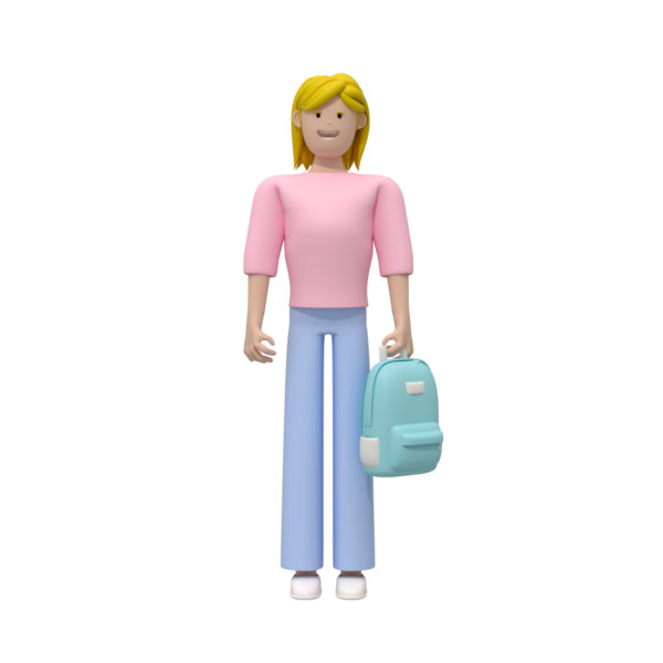 Beyaz arka planda sırt çantası olan bir kadın karakter. Çantalı kadın okul karakteri.