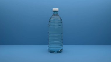 Mavi arka planda plastik su şişesi, 3 boyutlu.