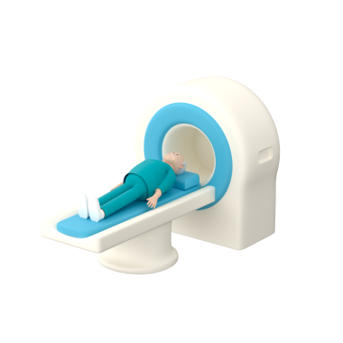 MRI taramasında hasta masasında yatan gri saçlı son sınıf erkek karakter.