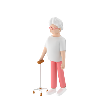 Yaşlı kadın karakter dörtlü baston kullanarak yürüyor, 3 boyutlu çizim.