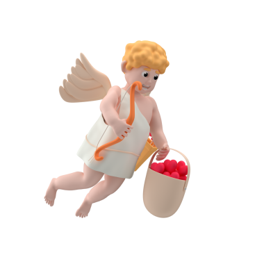 Aşk tanrısı karakteri bir elinde yay, diğer elinde kalp dolu bir çantayla uçuyor.