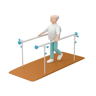 Üst düzey erkek karakter rehabilitasyon egzersizleri yapıyor. Rayları kullanırken yürüme egzersizleri yapıyor.