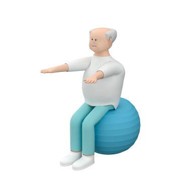 Üst düzey erkek, rehabilitasyon topunun üzerinde otururken ellerini uzatarak jimnastik yapıyor.