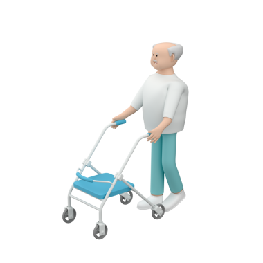 Yürüyen çerçeveli, tıbbi kıyafet giyen son sınıf erkek karakter, 3D çizim.