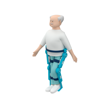 Dış iskeleti olan kıdemli bir adam. Gri saçlı yaşlı bir adam iyileşmek ve iyileşmek için dış iskelet kullanıyor.