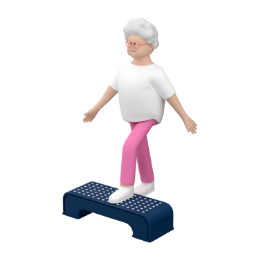 Rehabilitasyon yapan yaşlı kadın karakter, beyaz arkaplan üzerinde bir adım platformu ile pratik yapıyor, 3D illüstrasyon