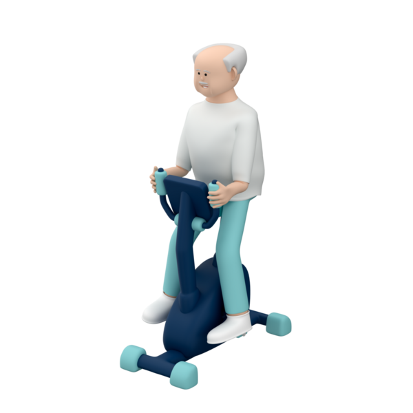 Kapalı alanda bisiklete binen gri saçlı son sınıf öğrencisi.