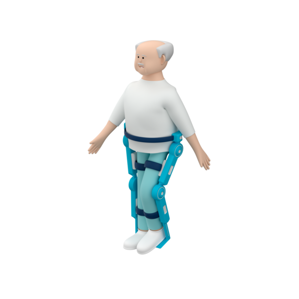 Dış iskeleti olan kıdemli bir adam. Gri saçlı yaşlı bir adam iyileşmek ve iyileşmek için dış iskelet kullanıyor.