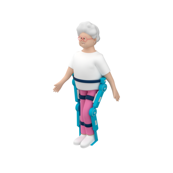 Dış iskeleti yürüyen son sınıf kadın karakteri. Gri saçlı yaşlı bir kadın iyileşmek ve iyileşmek için dış iskelet kullanıyor.