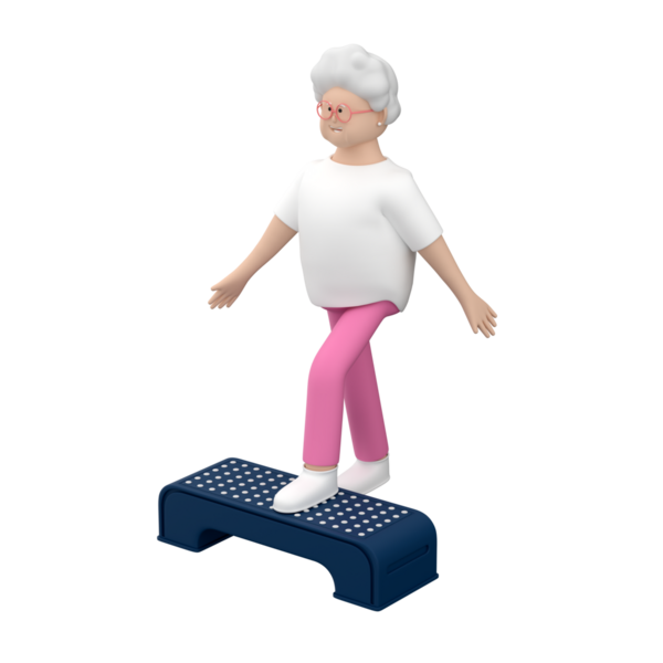 Rehabilitasyon yapan yaşlı kadın karakter, beyaz arkaplan üzerinde bir adım platformu ile pratik yapıyor, 3D illüstrasyon