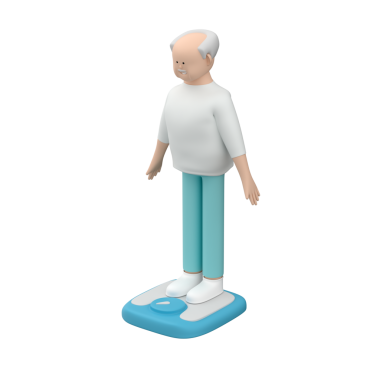 Yaşlı erkek karakter terazinin üzerinde duruyor ve ağırlığına bakıyor.