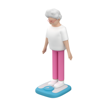 Yaşlı kadın karakter terazinin üzerinde duruyor ve ağırlığına bakıyor, 3D çizim.