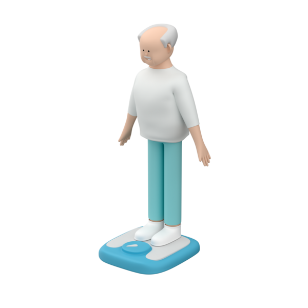 Yaşlı erkek karakter terazinin üzerinde duruyor ve ağırlığına bakıyor.