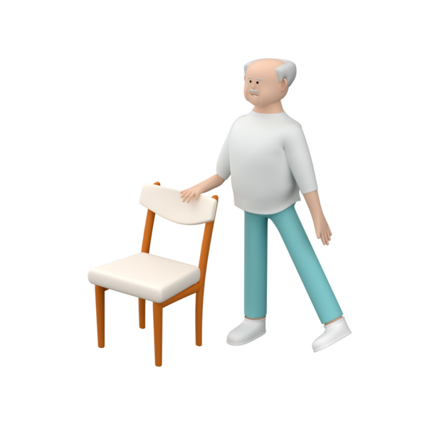 Üst düzey erkek yan bacağını kaldırıyor. Sandalye kullanıyor. 3 boyutlu.