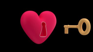 Kırmızı bir kalbin canlandırılması ve şeffaf bir arkaplan üzerinde dönen anahtar, Sevgililer Günü boyunca açık kalp kavramı