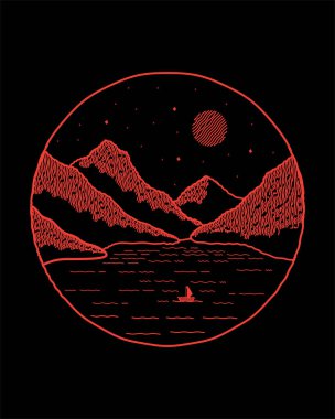 Gece deniz ve dağ manzarası mono çizgisi sanatı, soyut vektör çizimi, T-Shirt sanatı, tasarım vektörü.