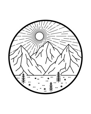 Aydınlık bir günde üç dağ ve çam ağacının manzara çizimi - mono çizgi sanatı, soyut vektör çizimi, T-Shirt sanatı, tasarım vektörü