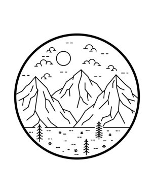 Mono çizgisi sanatı, soyut vektör illüstrasyonu, T-Shirt Sanatı, Tasarım Vektörü 'nde bulutlu bir günde üç dağın ve birkaç çam ağacının manzara çizimi