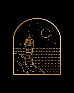 deniz feneri ve deniz resimleri mono çizgisi sanatı, rozet vektörü, tişört sanatı