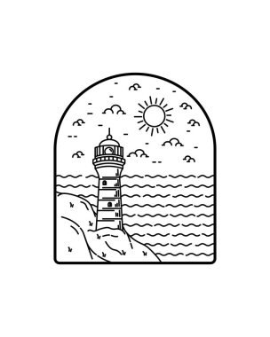 Gökyüzündeki deniz feneri ve deniz resimlerinde mono çizgi sanatı, rozet vektörü, tişört sanatı-